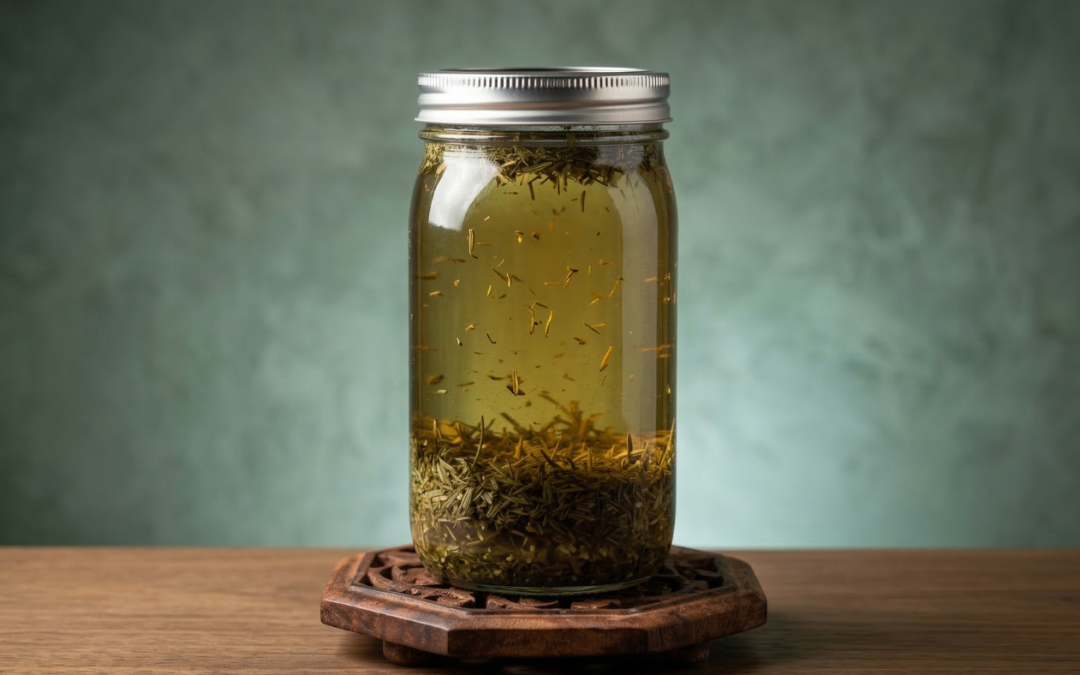 A long infusion of herbs steeping in a mason jar that sits on a wooden trivet.