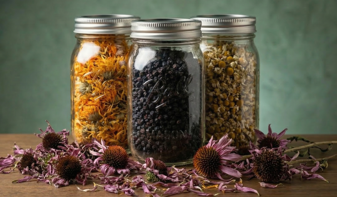 3 Mason jars filled with dried calendula, elderberries and chamomile, with lose echinacea scattered about the table underneath the jars.